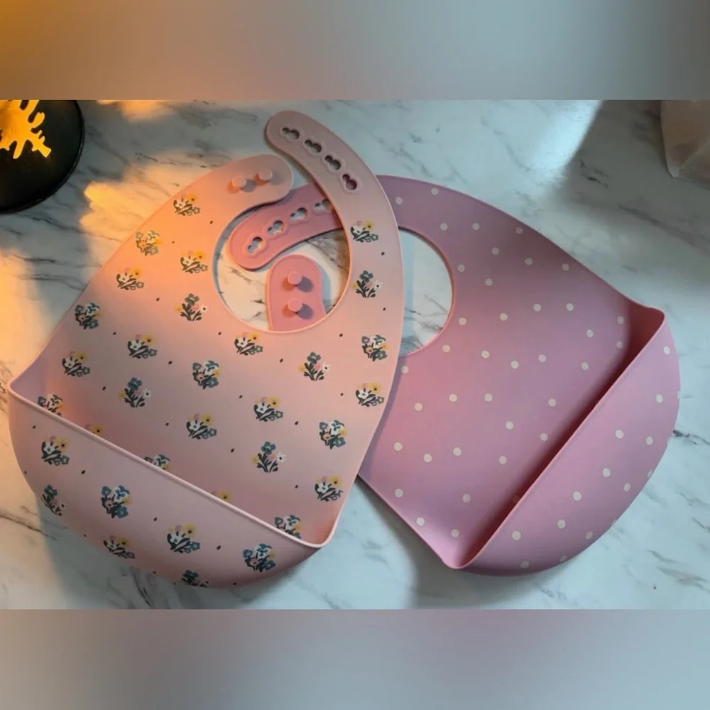Cloud Island Silicone Baby Bibs - Pink Floral & Polka Dot